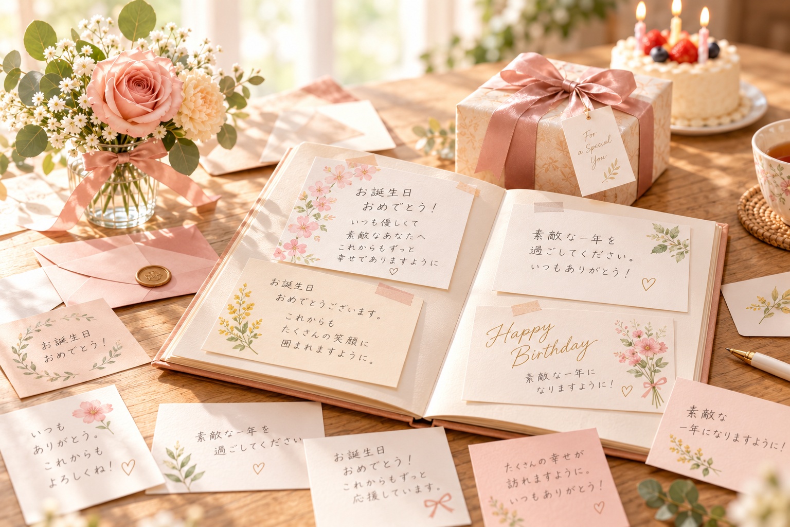 誕生日に贈る複数のメッセージカードと寄せ書きのイメージ