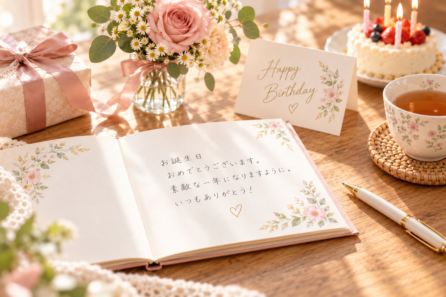 誕生日メッセージを贈る寄せ書きとバースデーギフトのイメージ