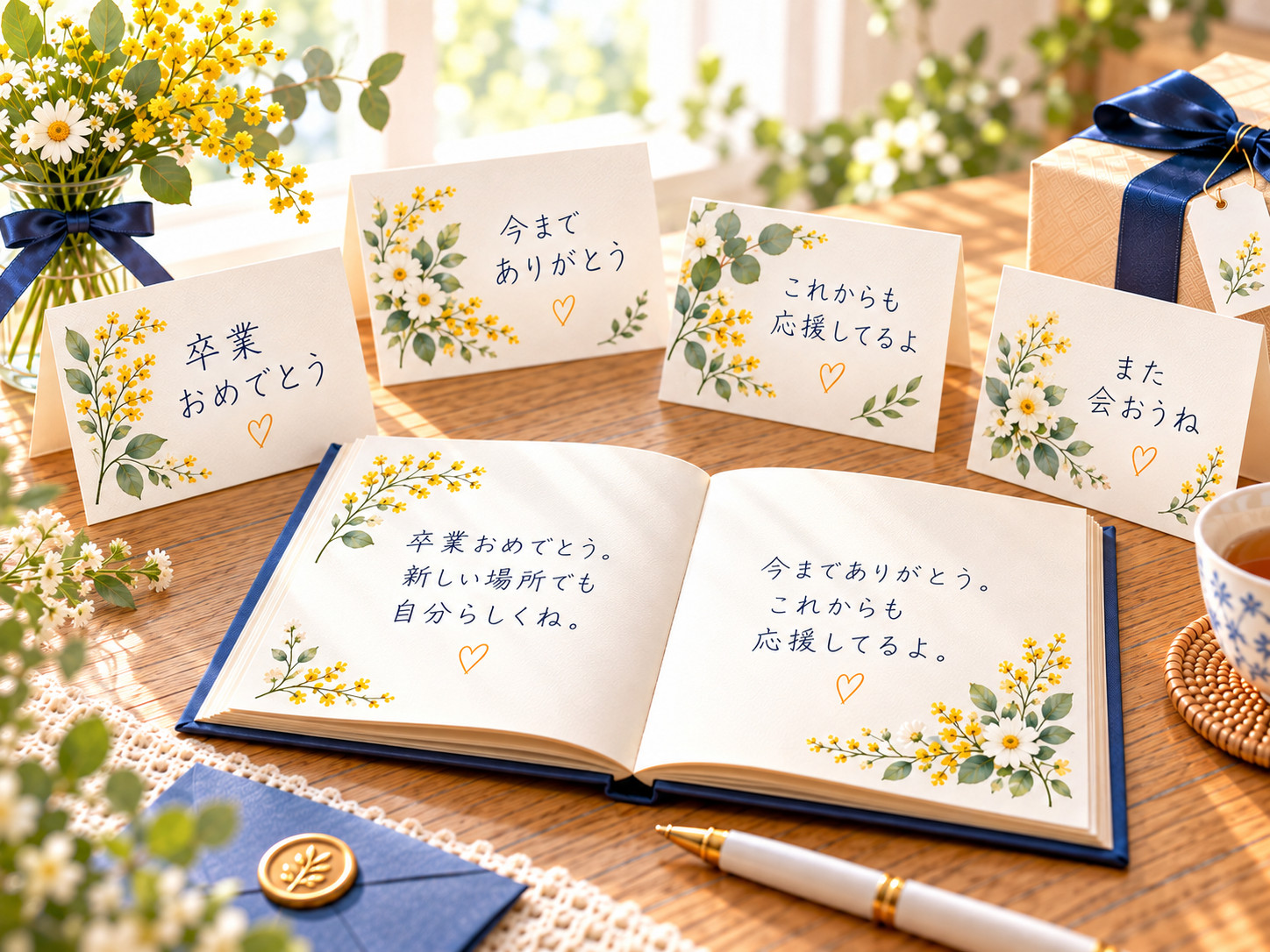 卒業祝いに贈る感謝と応援のメッセージカードや寄せ書きのイメージ