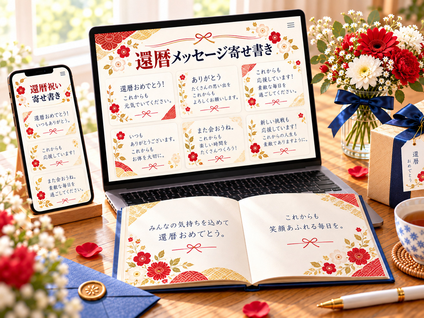 還暦祝いのカードと寄せ書きのイメージ