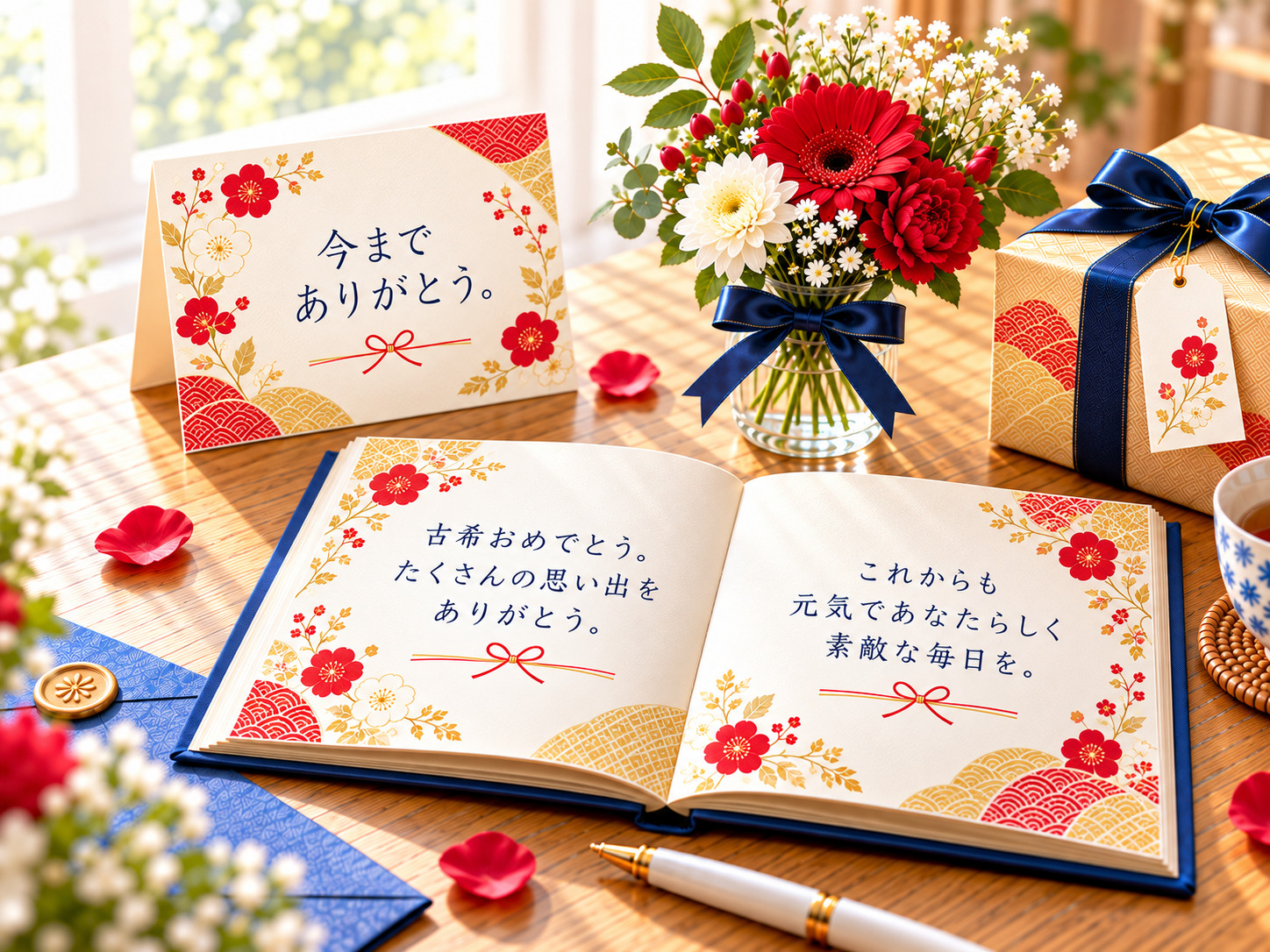 古希祝いのメッセージを記したカードと寄せ書きのイメージ