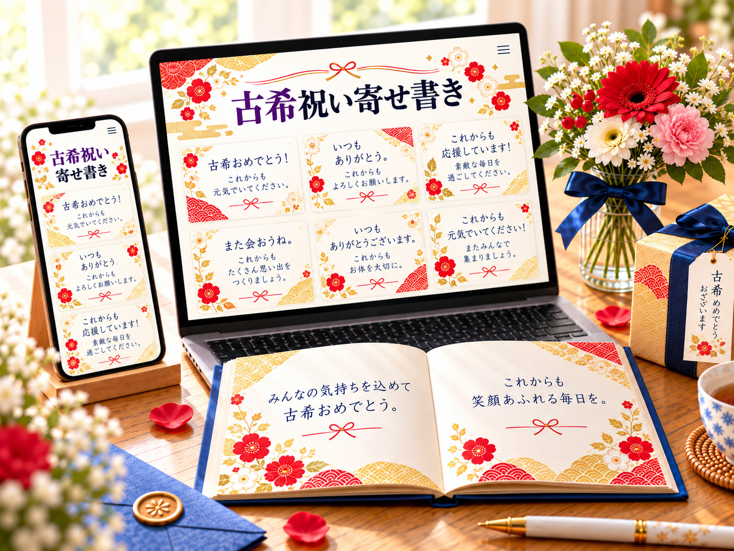 古希祝いの寄せ書きを家族で集めるイメージ