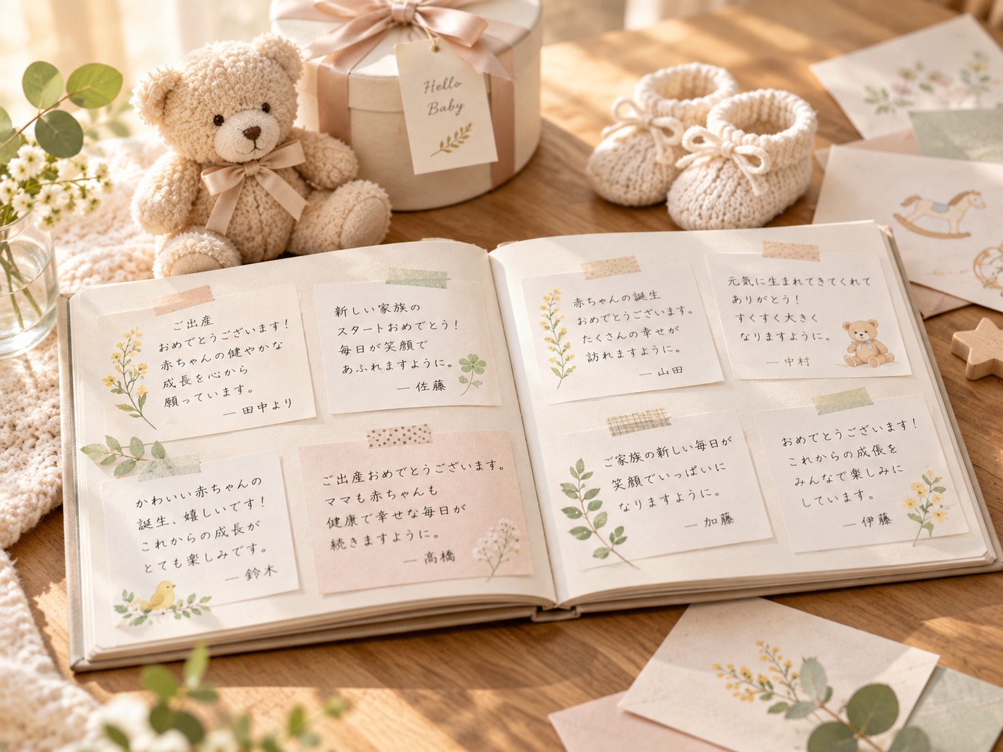 出産祝いの寄せ書きとベビーギフトが並んでいる様子