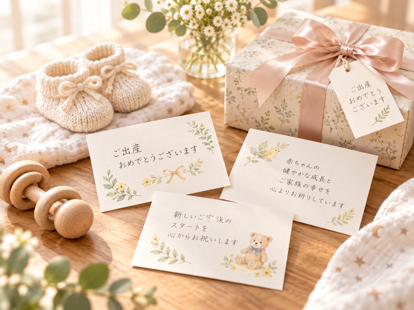 出産祝いのメッセージカードとベビーギフトが並んでいる様子