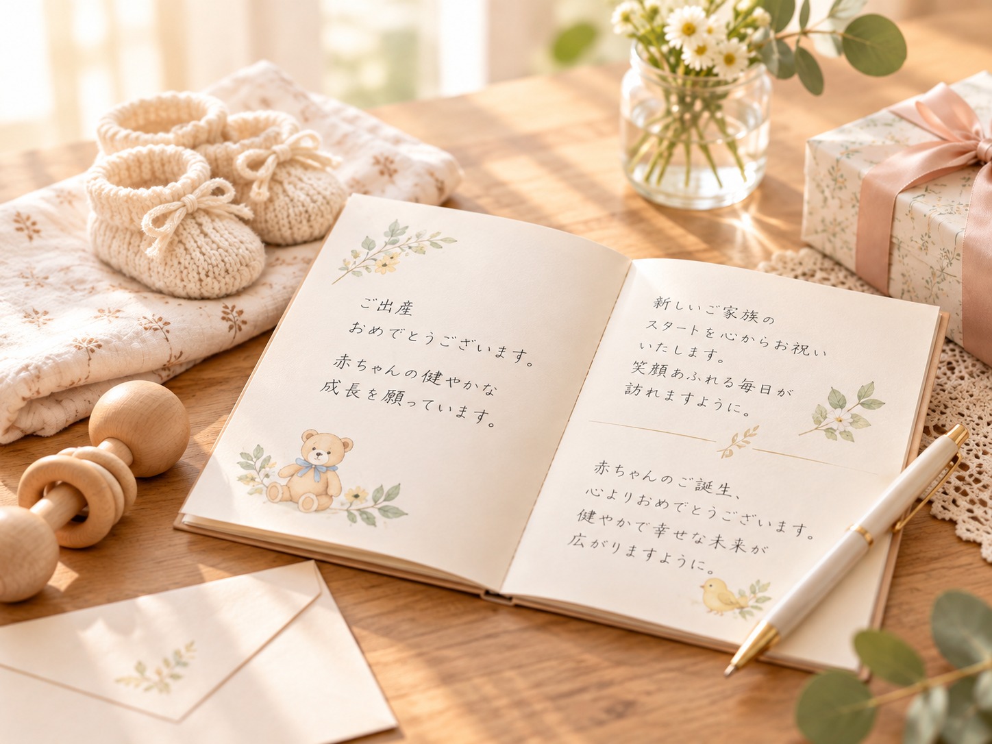 複数の出産祝いメッセージを一冊の寄せ書きにまとめた様子