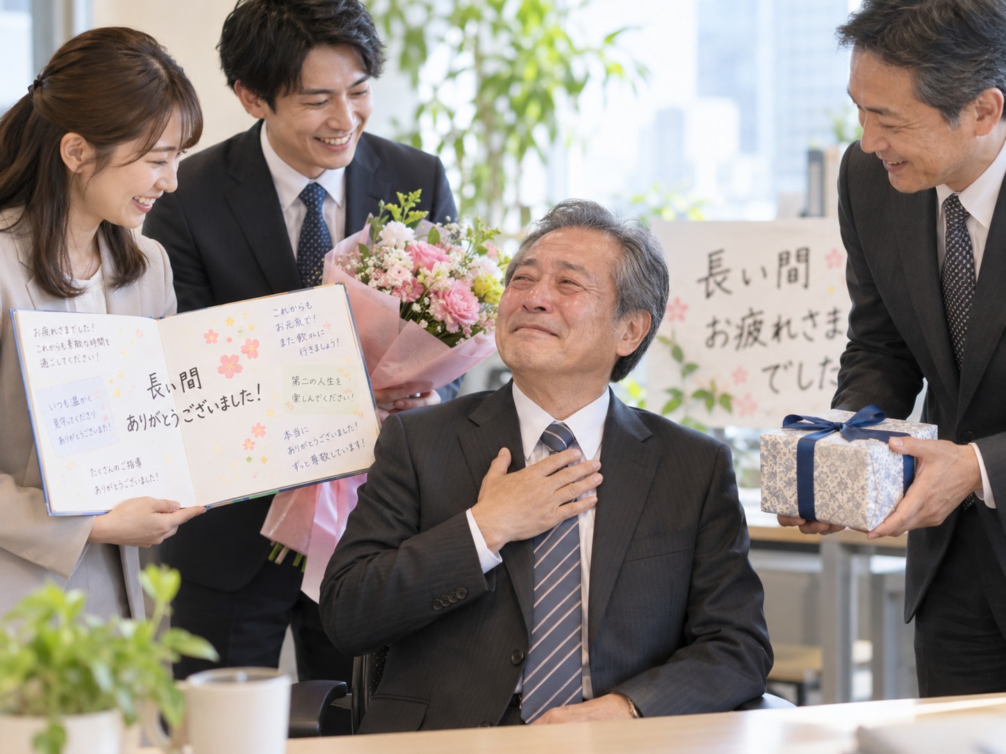 定年退職を迎えた方へ、職場の仲間から花束や寄せ書き、贈り物を渡している様子