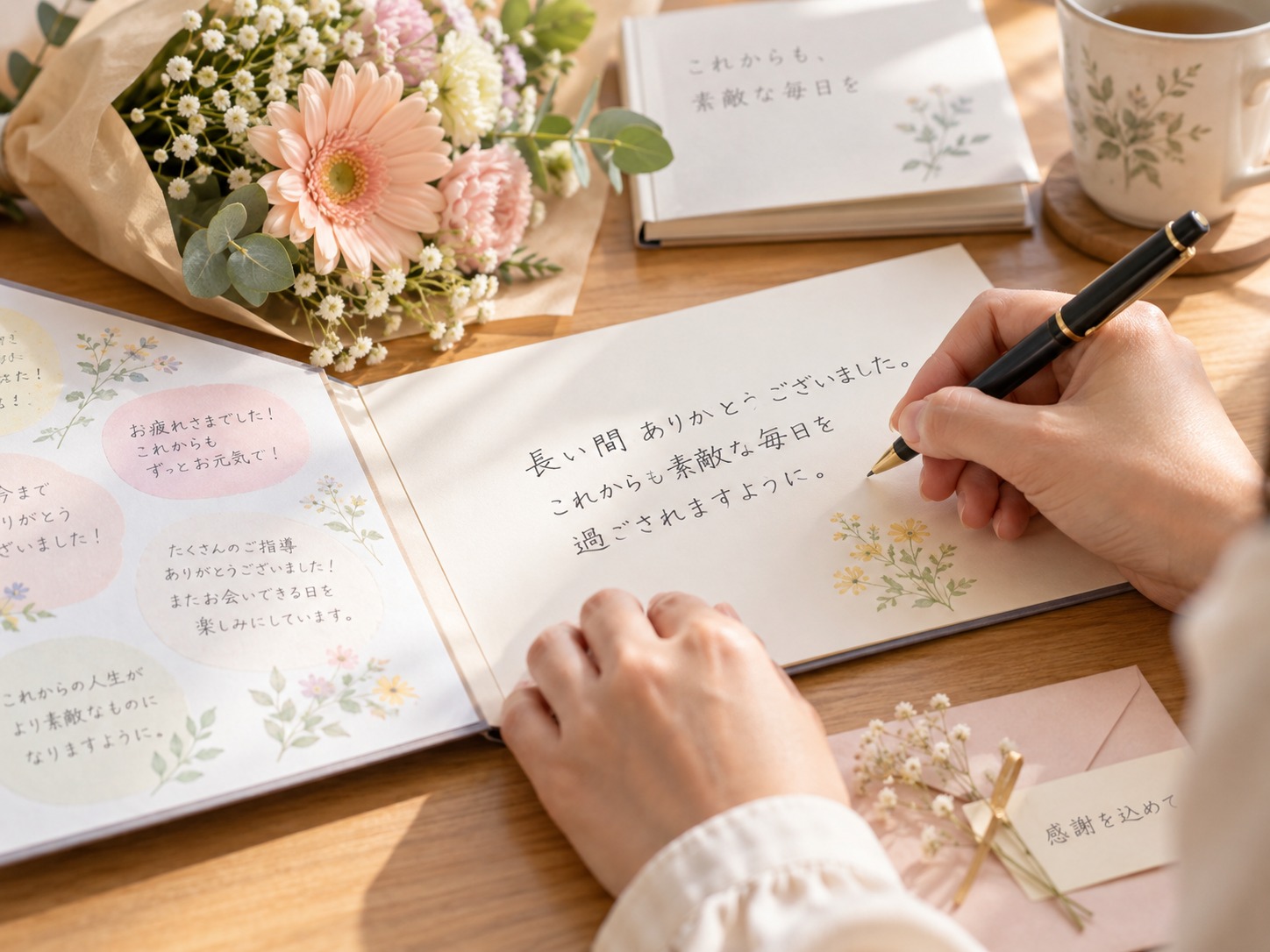 定年退職を迎える方への感謝のメッセージを寄せ書きに書いている様子