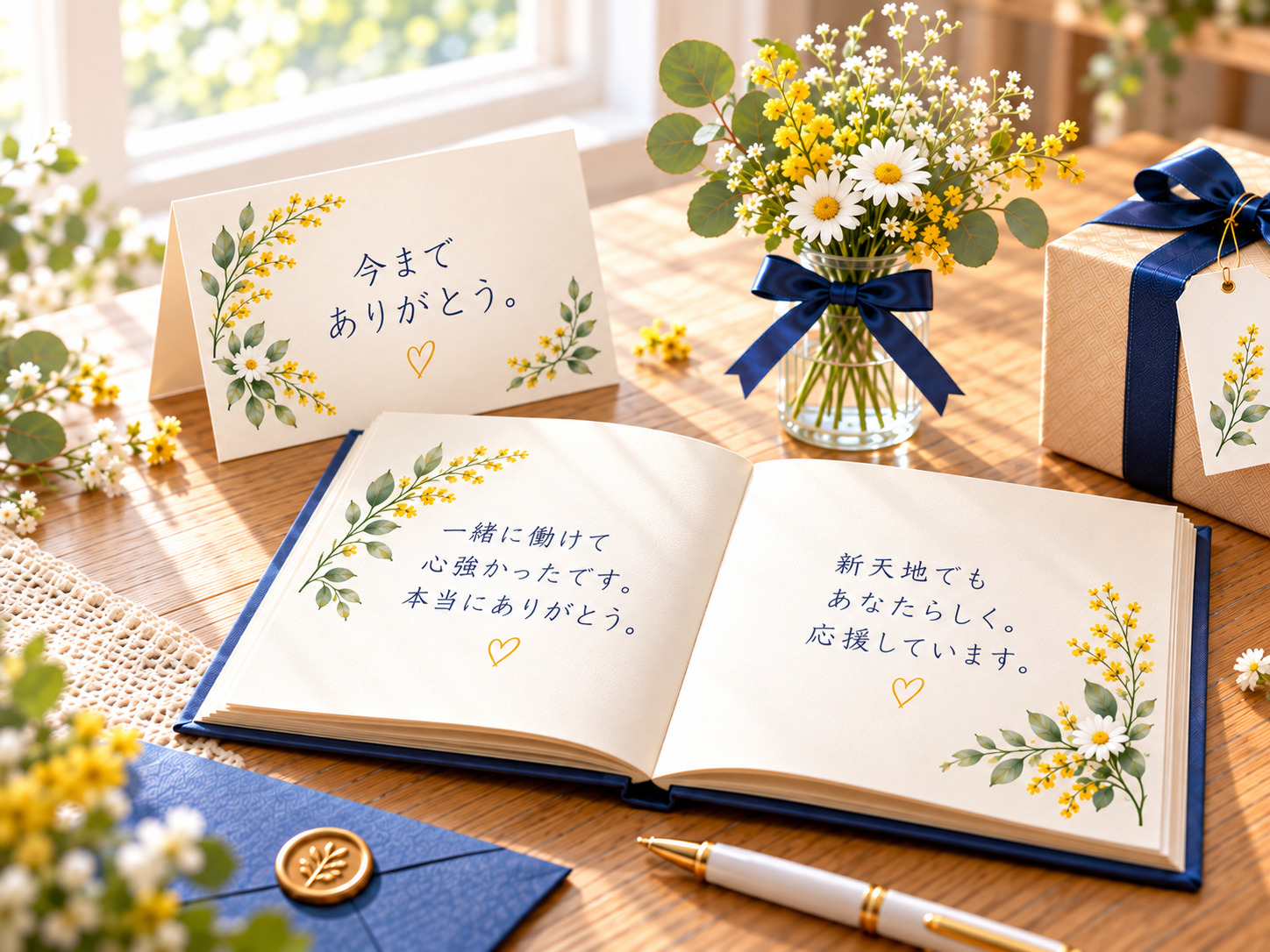転勤する上司や同僚に贈るメッセージカードと寄せ書きのイメージ